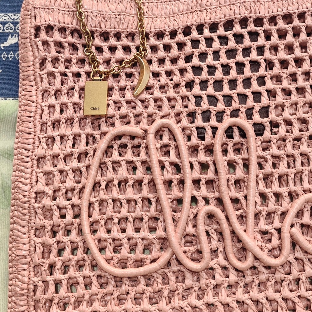 Chloe Blush Pink Crochet Tote with Logo Script - Picture 2 of 5